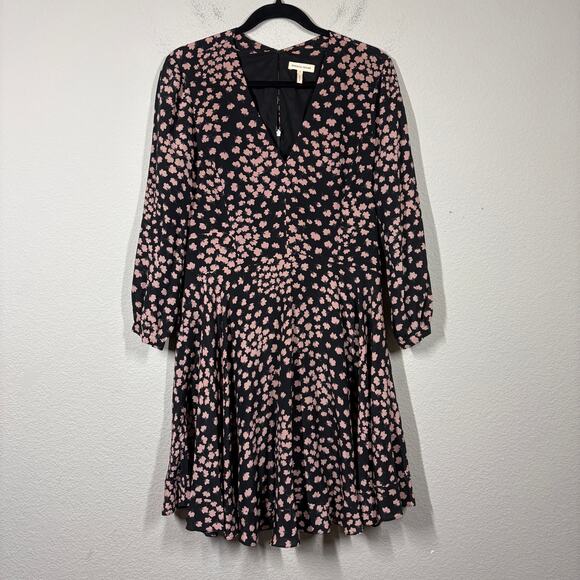 Rebecca Taylor Dresses & Skirts - Rebecca Taylor 6 Swing Mini Dress Black Pink Floral Silk V Neck Long Sleeves